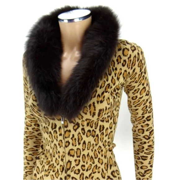 CACHE Zipper Sweater SMALL Leopard Animal Print Fox Fur Collar Knit Cardigan Top - Picture 7 of 15